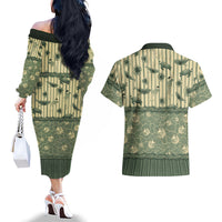 Hawaii Christmas In July Couples Matching Off The Shoulder Long Sleeve Dress and Hawaiian Shirt Olive Green Mele Kalikimaka Sea Animals
