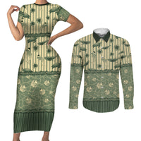 Hawaii Christmas In July Couples Matching Short Sleeve Bodycon Dress and Long Sleeve Button Shirt Olive Green Mele Kalikimaka Sea Animals