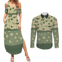 Hawaii Christmas In July Couples Matching Summer Maxi Dress and Long Sleeve Button Shirt Olive Green Mele Kalikimaka Sea Animals