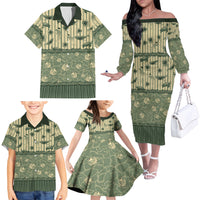 Hawaii Christmas In July Family Matching Off The Shoulder Long Sleeve Dress and Hawaiian Shirt Olive Green Mele Kalikimaka Sea Animals