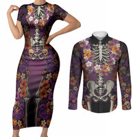 Hawaii Halloween Couples Matching Short Sleeve Bodycon Dress and Long Sleeve Button Shirt Skeleton Bones Flower Lei Tropical Floral