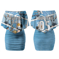Custom Argentina Football Couples Matching Off Shoulder Short Dress and Long Sleeve Button Shirt Goat Comic Style Sun Of May