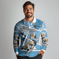 Custom Argentina Football Long Sleeve Polo Shirt Goat Comic Style Sun Of May