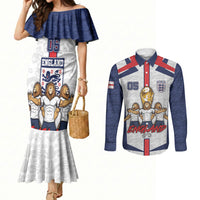 Custom England Football Couples Matching Mermaid Dress and Long Sleeve Button Shirt Three Lions Trophy St George Cross