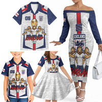 Custom England Football Family Matching Off The Shoulder Long Sleeve Dress and Hawaiian Shirt Three Lions Trophy St George Cross
