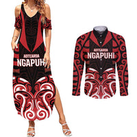 Custom Aotearoa Ngapuhi Couples Matching Summer Maxi Dress and Long Sleeve Button Shirt Maori Pattern New Zealand - Polynesian Pride