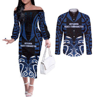 Custom Aotearoa Ngati Tuwharetoa Couples Matching Off The Shoulder Long Sleeve Dress and Long Sleeve Button Shirt Maori Pattern New Zealand - Polynesian Pride