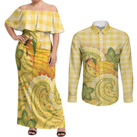 Hawaii Palaka Couples Matching Off Shoulder Maxi Dress and Long Sleeve Button Shirt Cute Ripe Mango Turtle On The Waves