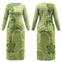 Hawaii Palaka Couples Matching Long Sleeve Bodycon Dress and Long Sleeve Button Shirt Cute Green Mango Turtle On The Waves