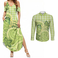Hawaii Palaka Couples Matching Summer Maxi Dress and Long Sleeve Button Shirt Cute Green Mango Turtle On The Waves