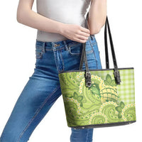 Hawaii Palaka Leather Tote Bag Cute Green Mango Turtle On The Waves