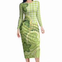 Hawaii Palaka Long Sleeve Bodycon Dress Cute Green Mango Turtle On The Waves