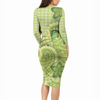 Hawaii Palaka Long Sleeve Bodycon Dress Cute Green Mango Turtle On The Waves