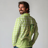 Hawaii Palaka Long Sleeve Polo Shirt Cute Green Mango Turtle On The Waves