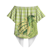Hawaii Palaka Off Shoulder Wrap Waist Top Cute Green Mango Turtle On The Waves DT05 - Polynesian Pride