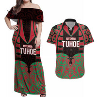 Custom Aotearoa Tuhoe Couples Matching Off Shoulder Maxi Dress and Hawaiian Shirt Maori Pattern New Zealand - Polynesian Pride