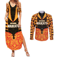 Custom Aotearoa Waikato Couples Matching Summer Maxi Dress and Long Sleeve Button Shirt Maori Pattern New Zealand - Polynesian Pride