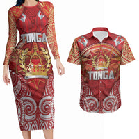 Tonga King's Birthday Couples Matching Long Sleeve Bodycon Dress and Hawaiian Shirt Gold Royal Crown Tribal Patterns DT05 Red - Polynesian Pride