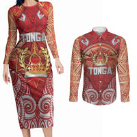 Tonga King's Birthday Couples Matching Long Sleeve Bodycon Dress and Long Sleeve Button Shirt Gold Royal Crown Tribal Patterns DT05 Red - Polynesian Pride