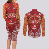 Tonga King's Birthday Couples Matching Long Sleeve Bodycon Dress and Long Sleeve Button Shirt Gold Royal Crown Tribal Patterns