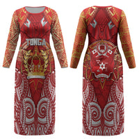 Tonga King's Birthday Couples Matching Long Sleeve Bodycon Dress and Long Sleeve Button Shirt Gold Royal Crown Tribal Patterns DT05 - Polynesian Pride