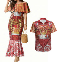 Tonga King's Birthday Couples Matching Mermaid Dress and Hawaiian Shirt Gold Royal Crown Tribal Patterns DT05 Red - Polynesian Pride
