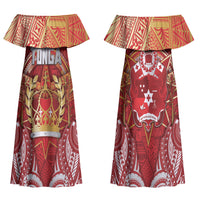 Tonga King's Birthday Couples Matching Off Shoulder Maxi Dress and Hawaiian Shirt Gold Royal Crown Tribal Patterns DT05 - Polynesian Pride