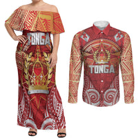 Tonga King's Birthday Couples Matching Off Shoulder Maxi Dress and Long Sleeve Button Shirt Gold Royal Crown Tribal Patterns DT05 Red - Polynesian Pride