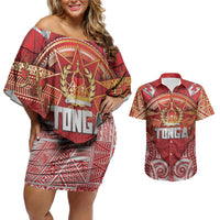 Tonga King's Birthday Couples Matching Off Shoulder Short Dress and Hawaiian Shirt Gold Royal Crown Tribal Patterns DT05 Red - Polynesian Pride