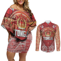 Tonga King's Birthday Couples Matching Off Shoulder Short Dress and Long Sleeve Button Shirt Gold Royal Crown Tribal Patterns DT05 Red - Polynesian Pride