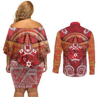 Tonga King's Birthday Couples Matching Off Shoulder Short Dress and Long Sleeve Button Shirt Gold Royal Crown Tribal Patterns