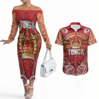 Tonga King's Birthday Couples Matching Off The Shoulder Long Sleeve Dress and Hawaiian Shirt Gold Royal Crown Tribal Patterns DT05 Red - Polynesian Pride