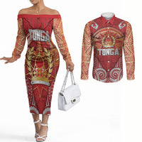 Tonga King's Birthday Couples Matching Off The Shoulder Long Sleeve Dress and Long Sleeve Button Shirt Gold Royal Crown Tribal Patterns DT05 Red - Polynesian Pride