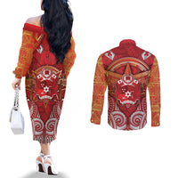 Tonga King's Birthday Couples Matching Off The Shoulder Long Sleeve Dress and Long Sleeve Button Shirt Gold Royal Crown Tribal Patterns
