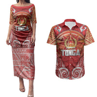 Tonga King's Birthday Couples Matching Puletasi and Hawaiian Shirt Gold Royal Crown Tribal Patterns DT05 Red - Polynesian Pride