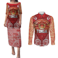 Tonga King's Birthday Couples Matching Puletasi and Long Sleeve Button Shirt Gold Royal Crown Tribal Patterns
