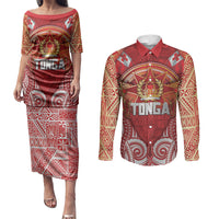 Tonga King's Birthday Couples Matching Puletasi and Long Sleeve Button Shirt Gold Royal Crown Tribal Patterns DT05 Red - Polynesian Pride
