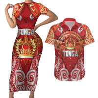 Tonga King's Birthday Couples Matching Short Sleeve Bodycon Dress and Hawaiian Shirt Gold Royal Crown Tribal Patterns