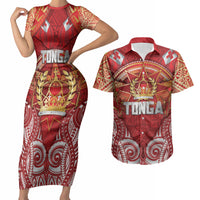 Tonga King's Birthday Couples Matching Short Sleeve Bodycon Dress and Hawaiian Shirt Gold Royal Crown Tribal Patterns DT05 Red - Polynesian Pride
