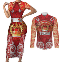 Tonga King's Birthday Couples Matching Short Sleeve Bodycon Dress and Long Sleeve Button Shirt Gold Royal Crown Tribal Patterns