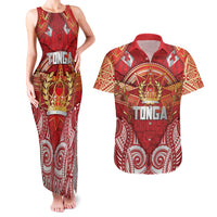 Tonga King's Birthday Couples Matching Tank Maxi Dress and Hawaiian Shirt Gold Royal Crown Tribal Patterns