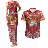Tonga King's Birthday Couples Matching Tank Maxi Dress and Hawaiian Shirt Gold Royal Crown Tribal Patterns DT05 Red - Polynesian Pride