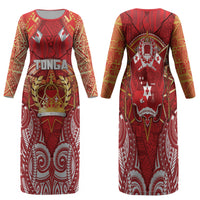 Tonga King's Birthday Family Matching Long Sleeve Bodycon Dress and Hawaiian Shirt Gold Royal Crown Tribal Patterns DT05 Mom's Dress Red - Polynesian Pride
