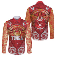 Tonga King's Birthday Family Matching Long Sleeve Bodycon Dress and Hawaiian Shirt Gold Royal Crown Tribal Patterns DT05 Dad's Shirt - Long Sleeve Red - Polynesian Pride