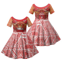 Tonga King's Birthday Family Matching Long Sleeve Bodycon Dress and Hawaiian Shirt Gold Royal Crown Tribal Patterns DT05 Daughter's Dress Red - Polynesian Pride