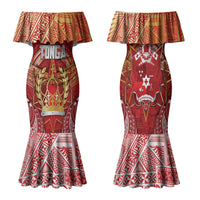 Tonga King's Birthday Family Matching Mermaid Dress and Hawaiian Shirt Gold Royal Crown Tribal Patterns DT05 Mom's Dress Red - Polynesian Pride
