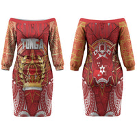 Tonga King's Birthday Family Matching Off The Shoulder Long Sleeve Dress and Hawaiian Shirt Gold Royal Crown Tribal Patterns DT05 Mom's Dress Red - Polynesian Pride