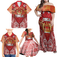 Tonga King's Birthday Family Matching Off Shoulder Maxi Dress and Hawaiian Shirt Gold Royal Crown Tribal Patterns