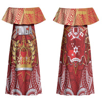 Tonga King's Birthday Family Matching Off Shoulder Maxi Dress and Hawaiian Shirt Gold Royal Crown Tribal Patterns DT05 Mom's Dress Red - Polynesian Pride