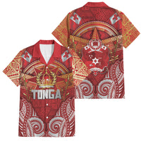 Tonga King's Birthday Family Matching Off Shoulder Maxi Dress and Hawaiian Shirt Gold Royal Crown Tribal Patterns DT05 Dad's Shirt - Short Sleeve Red - Polynesian Pride
